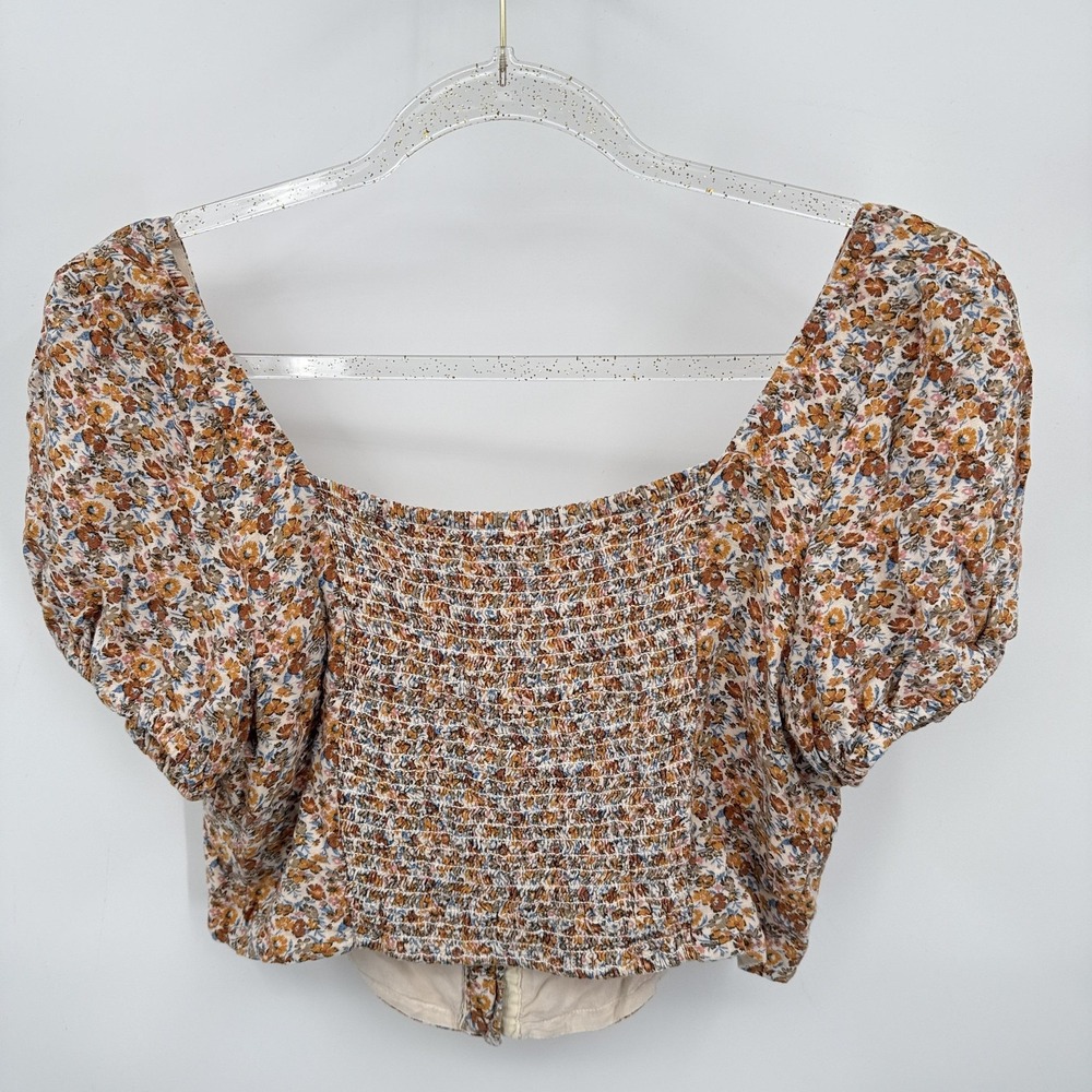 Aeropostale Crop Top Women Sz L Floral Puff Sleeve Smocked Milkmaid Y2K Babydoll
